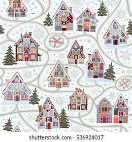 Seamless Winter Pattern. Village ornamental background. Can be used as wallpaper, pattern fills, surface textures, digital paper. Vector illustration.