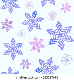 Seamless winter pattern with violet watercolor snowflakes