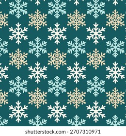 Patrón de invierno sin fisuras con copos de nieve blancos y dorados sobre un fondo verde azulado oscuro. Diseño festivo mínimo perfecto para Navidades textiles, papel de regalo y decoración navideña.