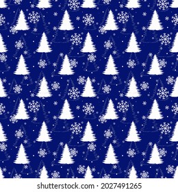 Seamless winter pattern with white pines and snow on blue. Vector illustration for fabric print, textile, wallpaper, wrapping paper.