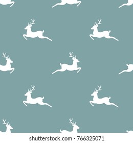 seamless winter pattern with  white silhouette of jumping deer with antlers. vector flat Christmas ornament on powder blue background
