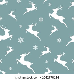 seamless winter pattern with white snowflakes and deers with antlers. vector flat Christmas ornament on powder blue background. winter reindeer texture.