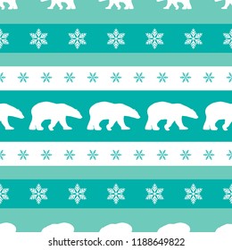 seamless winter pattern with white  snowflakes and polar bears. vector flat Christmas ornament on powder blue background. winter reindeer texture.