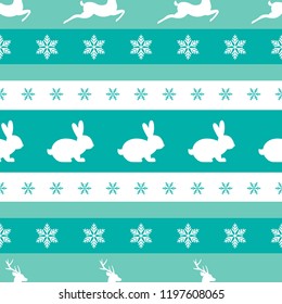 seamless winter pattern with white  snowflakes, bunnies and deers with antlers. vector flat Christmas ornament on powder blue background. winter reindeer texture.