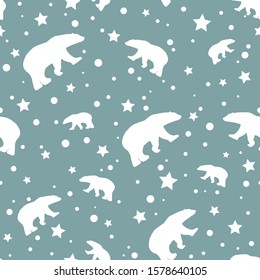 seamless winter pattern with white  snowflakes, polar bears and stars. vector flat Christmas ornament on powder blue background. winter reindeer texture.  fairy tale, childish wallpaper.