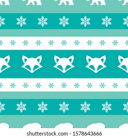 seamless winter pattern with white  snowflakes, foxes and bears. vector flat Christmas ornament on powder blue background. winter texture. New year wallpaper
