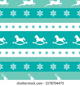 seamless winter pattern with white  snowflakes, horse toys and deers with antlers. vector flat Christmas ornament on powder blue background. winter reindeer texture.