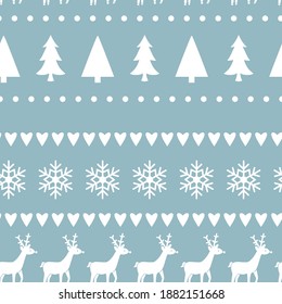 Seamless winter pattern with white snowflakes, tree, hearts, reindeer on blue background. 