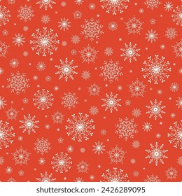 Seamless winter pattern with white snowflakes on red background. Christmas decoration.