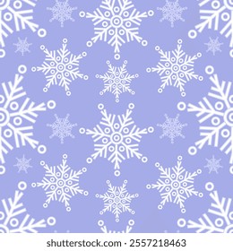 Seamless winter pattern with white snowflakes on blue background. Vector illustration. New Year Christmas decorative template backdrop for holiday design