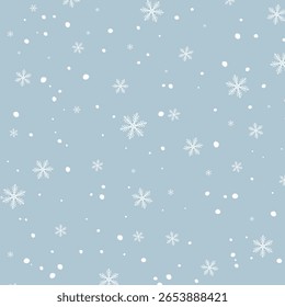Padrão de inverno contínuo com flocos de neve brancos e neve caindo sobre fundo azul claro. Ótimo para papel de embrulho, cartão de férias, impressão têxtil, design de Natal, embalagem