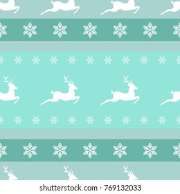 seamless winter pattern with white  snowflakes and deers with antlers. vector flat Christmas ornament on powder blue background. winter reindeer texture.