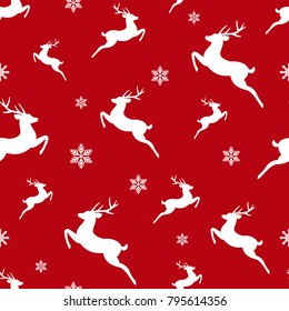 seamless winter pattern with white snowflakes and deers with antlers. vector flat Christmas ornament on red background. winter reindeer texture.