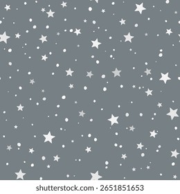 Padrão de inverno contínuo com estrelas brancas e pontos de neve no fundo cinza. Estilo de vetor plano. Ideal para embalagem de Natal, cartão de férias, papel de embalagem, têxteis sazonais
