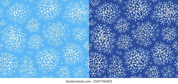 Seamless winter patterns set. Shapes of snowflakes on the blue background. Christmas holiday design texture.