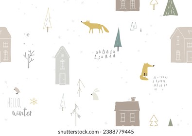 Seamless winter pattren with foxes and houses. Vector illustration