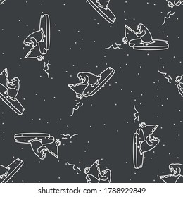 Seamless winter penguin fishing background pattern. Simple gender neutral nursery festive scrapbook digital paper. Kids whimsical snow animal wallpaper all over print.