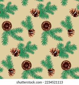 Invierno sin inconvenientes con pinecona y ramas sobre el patrón de navidad de fondo amarillo claro