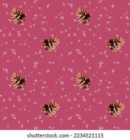 Seamless winter with pinecone and snow on pink background christmas pattern