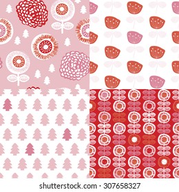 Seamless winter pink red retro garden flowers and nature elements for Christmas illustration background pattern in vector