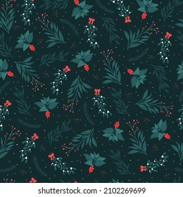 Seamless winter plants pattern on dark background. Christmas berries and flowers great for wrapping paper design. Elegant floral poster.