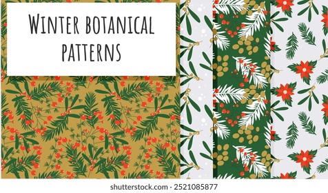 Seamless winter plants pattern set. Handdrawn vector design.