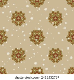 Seamless winter polka dot pattern with snowflakes and floral mandalas. On beige background.