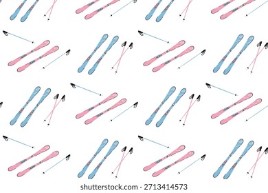 Patrón de equipo de esquí de invierno sin costuras con equipo ilustrado para papelería y textiles de temporada