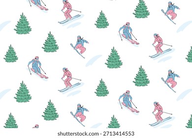 Seamless winter skiing pattern with illustrated skiers and pine forest backdrop