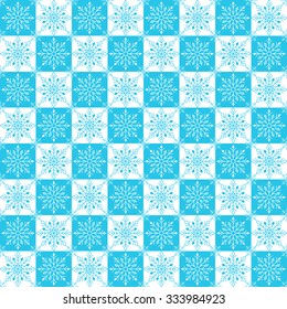 Seamless Winter Snow Flakes Background Pattern in Checkered Blue Color. Continuous Vector Illustration
