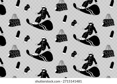 Patrón temático de snowboard de invierno sin fisuras con equipo ilustrado, equipo y Elementos de conducción dinámicos