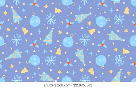 Seamless winter snowflakes pattern. Christmas fur trees and snow balls blue background. Wrapping and gift paper. Kids and home textile. Cover books and scrapbooking.