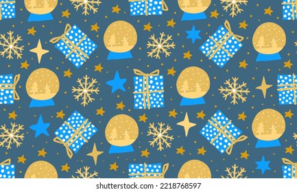 Seamless winter snowflakes pattern. Christmas gift boxes and snow balls yellow background. Wrapping and gift paper. Kids and home textile. Cover books and scrapbooking.