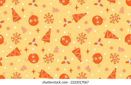 Seamless winter snowflakes pattern. Christmas fur trees and snow balls orange background. Wrapping and gift paper. Kids and home textile. Cover books and scrapbooking.