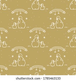 Seamless winter snowman child background pattern. Simple gender neutral nursery festive scrapbook digital paper. Kids whimsical cute cartoon wallpaper all over print.