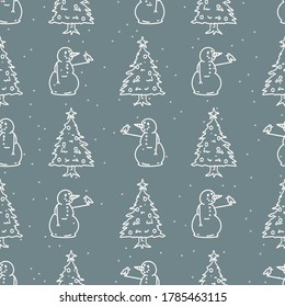 Seamless winter snowman and christmas tree background pattern. Simple gender neutral nursery festive scrapbook digital paper. Kids whimsical cute cartoon wallpaper all over print.