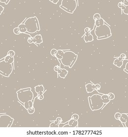 Seamless winter snowman parent and child background pattern. Simple gender neutral nursery festive scrapbook digital paper. Kids whimsical cute cartoon wallpaper all over print.