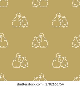 Seamless winter snowman and penguin background pattern. Simple gender neutral nursery festive scrapbook digital paper. Kids whimsical cute cartoon wallpaper all over print.
