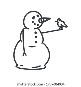 Seamless winter snowman with robin illustration clipart. Simple gender neutral nursery festive scrapbook sticker. Kids whimsical cute hand drawn cartoon christmas motif.