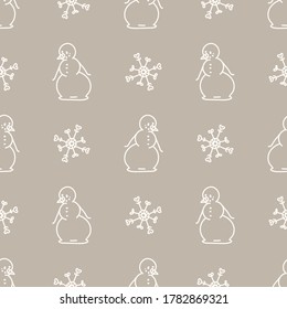 Seamless winter snowman and snowflake background pattern. Simple gender neutral nursery festive scrapbook digital paper. Kids whimsical cute cartoon wallpaper all over print.