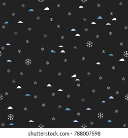 Seamless Winter Snowy Background filed with hills, snow and snowflakes. Winter, Merry Christmas collection. Falling Snow. Blue Background.