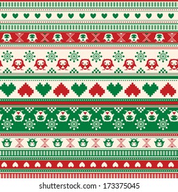 Seamless Winter Sweater pattern with Hearts and Owls. Red-Green version. Seamless pattern can be used for wallpaper, pattern fills, web page background, surface textures.