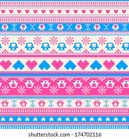Seamless Winter Sweater pattern with Hearts and Owls. Pink-Blue version. Seamless pattern can be used for wallpaper, pattern fills, web page background, surface textures.