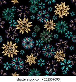 Seamless winter texture. Colourful snowflakes. Christmas template.Vector illustration.Colorful gradient snowflakes on black background.