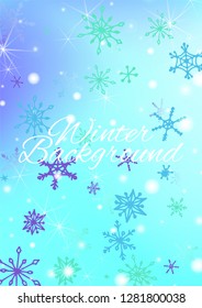 Seamless Winter Texture with Cute Snowflakes and Shiny Lights. Festive Background for Christmas Decoration, Cloth, Dress. Vertical A4 Vector Background.