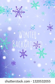 Seamless Winter Texture with Lovely Snowflakes and Shiny Lights. Festive Background for Christmas Decoration, Wrapping, Paper. Vertical A4 Vector Background.