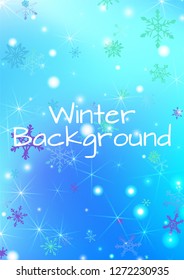 Seamless Winter Texture with Pretty Snowflakes and Shiny Lights. Festive Background for Christmas Decoration, Banner, Card. Vertical A4 Vector Background.