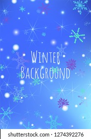Seamless Winter Texture with Pretty Snowflakes and Shiny Lights. Festive Background for Christmas Decoration, Print, Dress. Vertical A4 Vector Background.