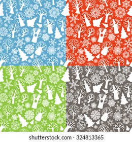 Seamless winter trees patterns. White deciduous trees, firs and snowflake silhouettes on coloured backgrounds. Boundless texture can be used for web page backgrounds, wallpapers, wrapping papers. 