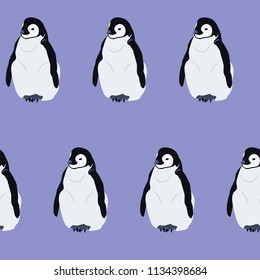 Seamless winter vector illustration with penguins on a lilac background. For decorating textiles, packaging and wallpaper.